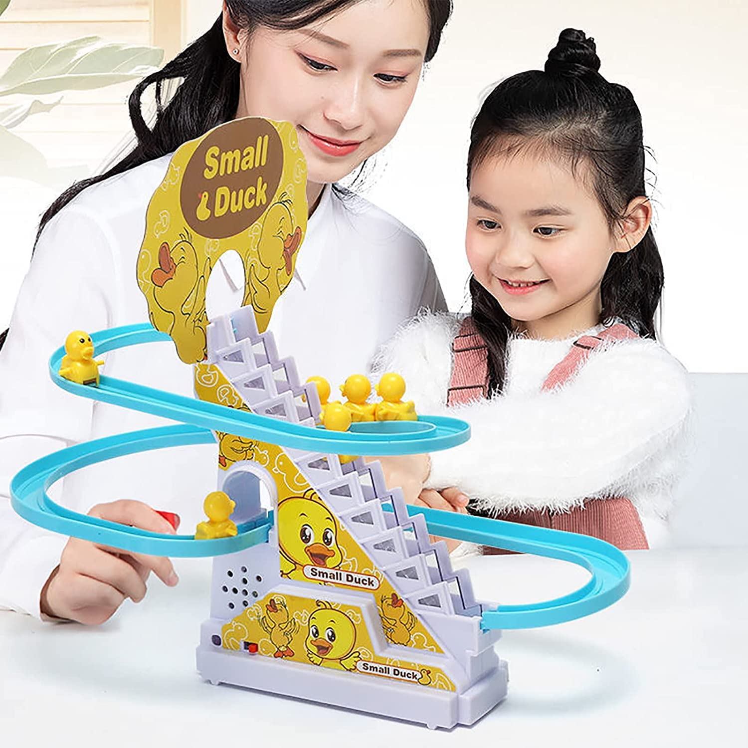 9 Piece Nextake Duck Slide Toys Set Products Fun Automatic Stairs-Climming Duckling Cartoon Race Track Small Beautiful Pongwin Slide Toys Lights
